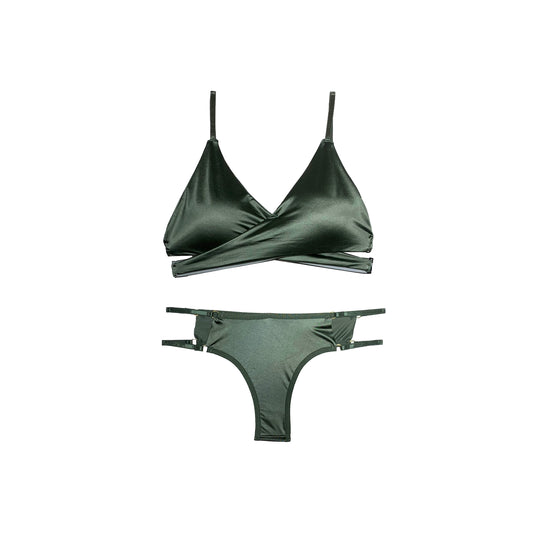 Padded Silk Bra Panty Set | Wireless | Forest Green