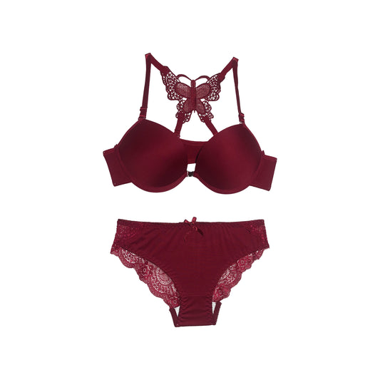 Butterfly-Style Padded Bra Panty Set | Push Up | Bordeaux Maroon