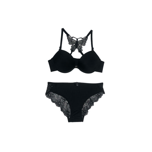 Butterfly-Style Padded Bra Panty Set | Push Up | Ebony Black